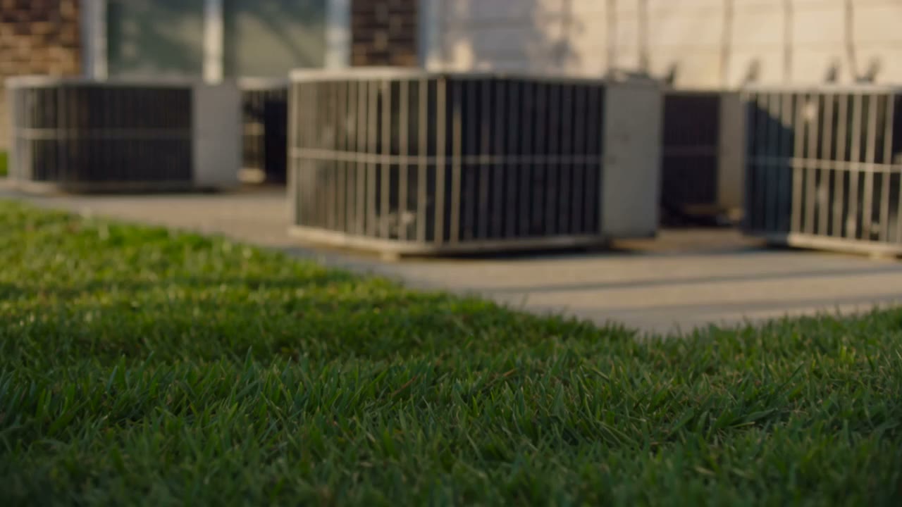 Late afternoon light across the grass beside a row of installed condensers