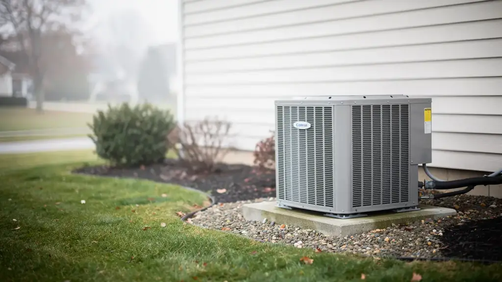 A residential condenser beside a house on a still, foggy Wisconsin morning in late autumn
