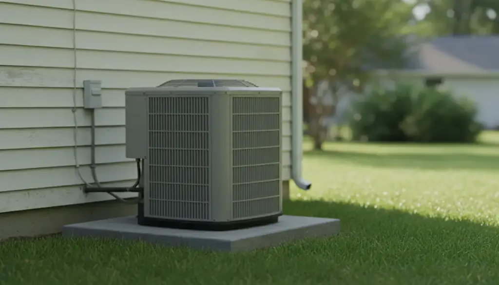 A residential outdoor air conditioning condenser on a concrete pad beside lap siding