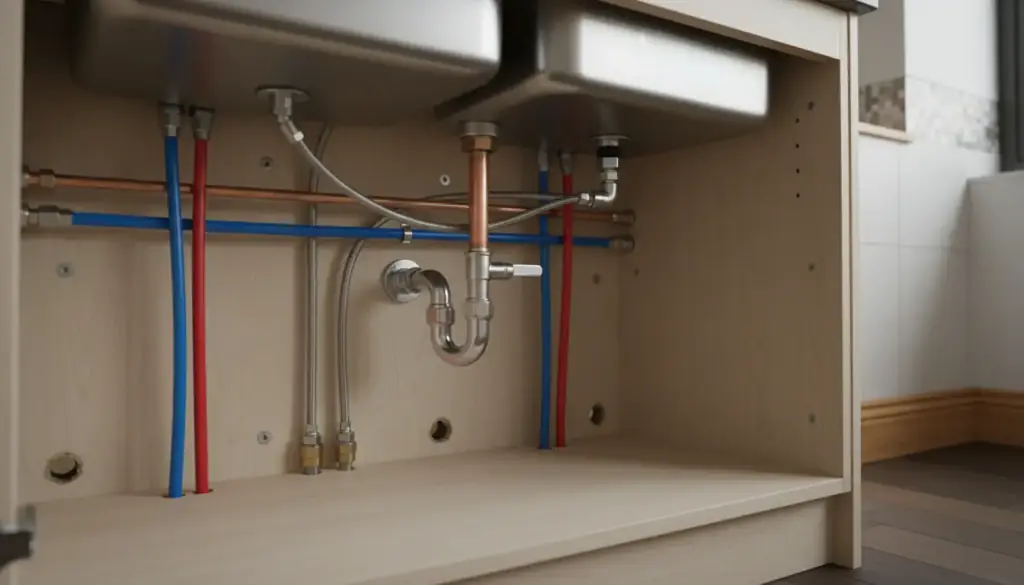 Finished copper and PEX supply work with a chrome trap under a sink cabinet