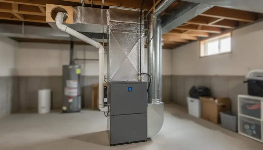 A high-efficiency gas furnace in a basement mechanical room with its galvanized supply plenum squared off into the joists