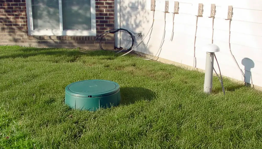 A green septic tank access lid set flush in a mown back yard with a well head casing behind it