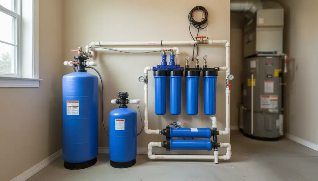 A residential water softener, resin tank and filter bank plumbed along a utility room wall beside a water heater