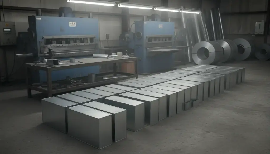 Fabricated galvanized duct sections stacked on the floor of a sheet metal shop beside a box-and-pan brake and coils of sheet stock