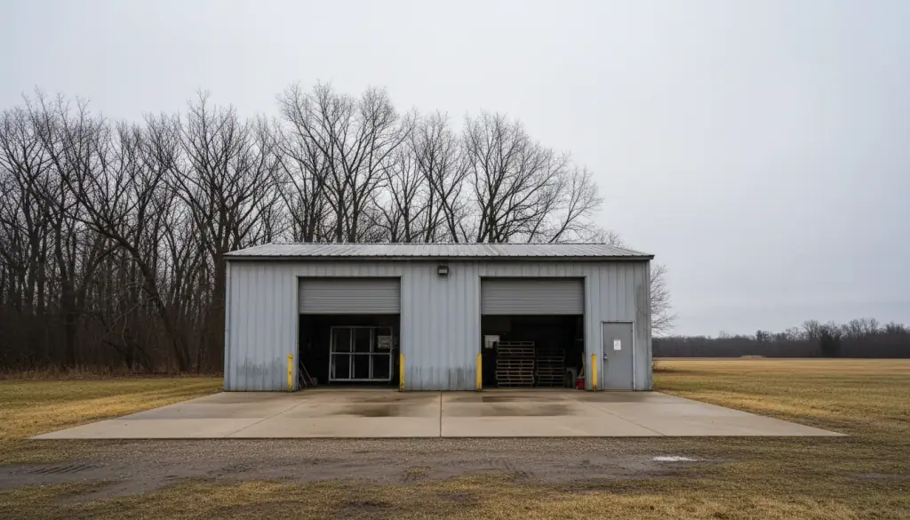 The open service bays of a metal-clad contractor's shop on a grey Wisconsin morning, concrete apron swept, before the crew arrives